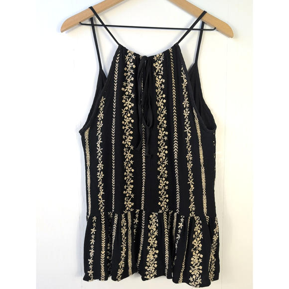 Boho Black Embroidered Peplum Tank Top Women’s M Sleeveless Festival Floral - Picture 2 of 9